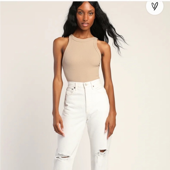 Lulus Anything but Basic beige ribbed assymetrical tank top - Picture 3 of 9